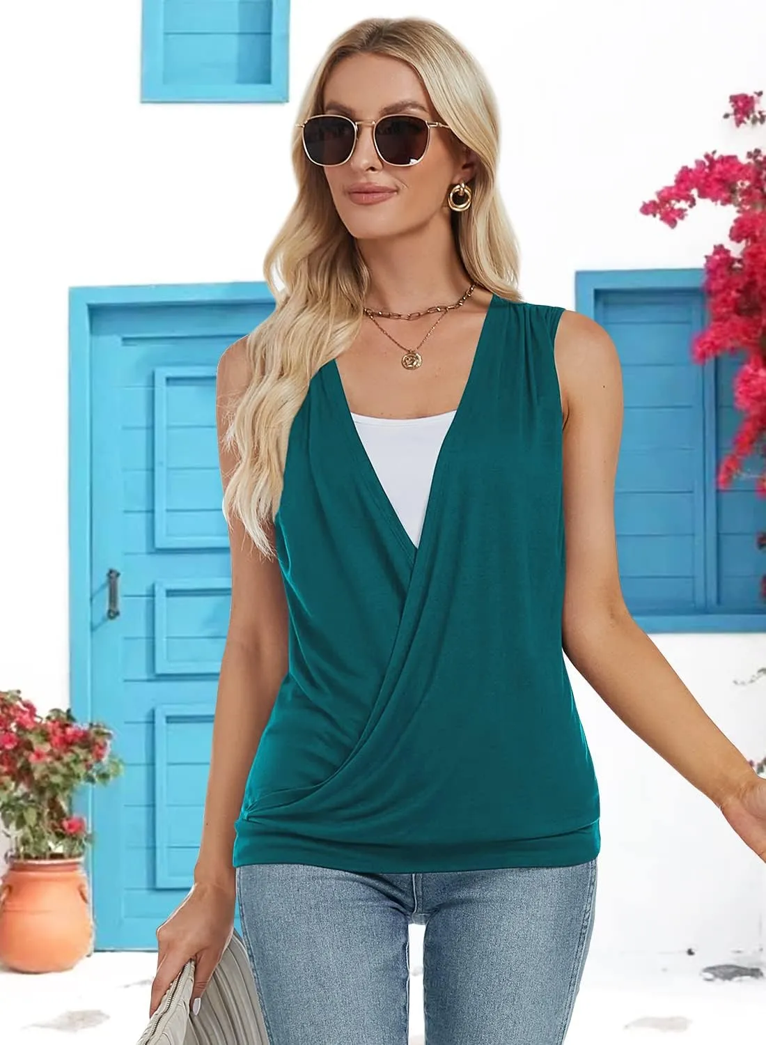 RANPHEE Womens Summer Casual Sleeveless Hide Belly Fat Banded Bottom Wrap Tops T-Shirts