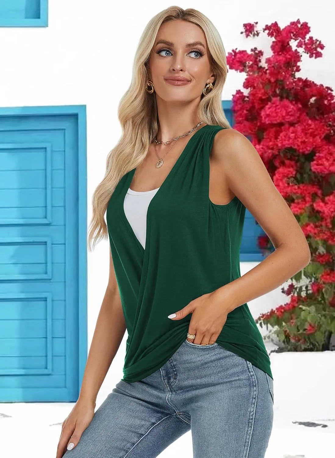 RANPHEE Womens Summer Casual Sleeveless Hide Belly Fat Banded Bottom Wrap Tops T-Shirts