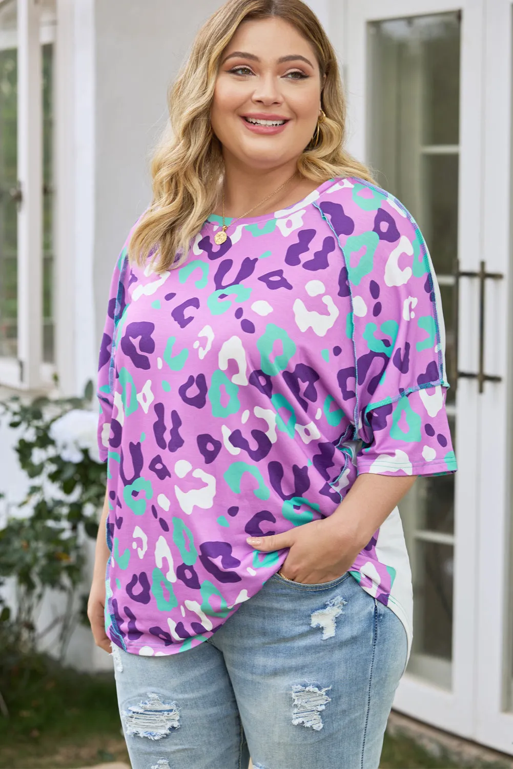 Rose Leopard Kiss Print Plus Size Short Sleeve Tee