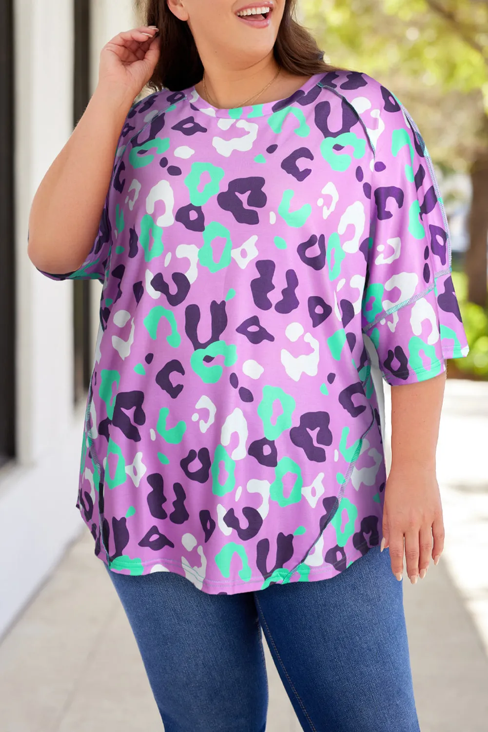 Rose Leopard Kiss Print Plus Size Short Sleeve Tee