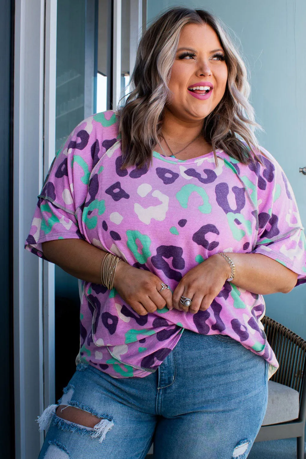 Rose Leopard Kiss Print Plus Size Short Sleeve Tee