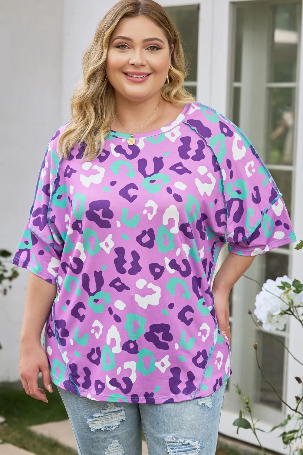 Rose Leopard Kiss Print Plus Size Short Sleeve Tee