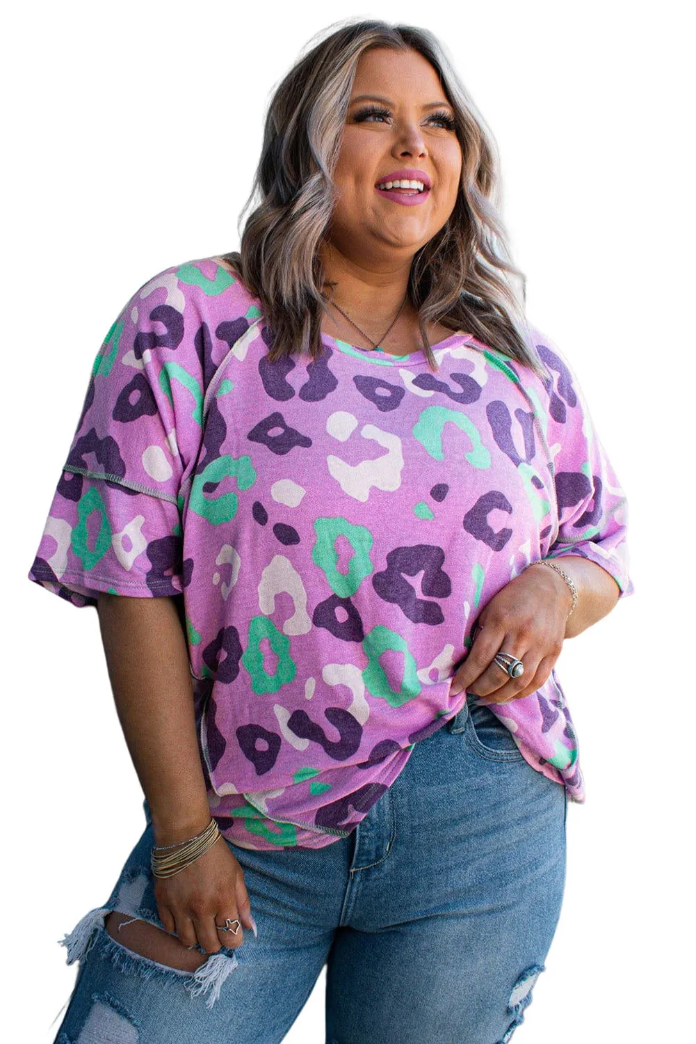 Rose Leopard Kiss Print Plus Size Short Sleeve Tee