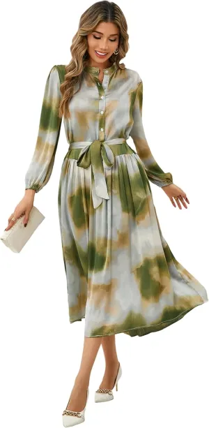 R.Vivimos Womens Long Sleeve Tie Dye Henley V Neck Button Up Loose Flowy Midi Dress with Belt
