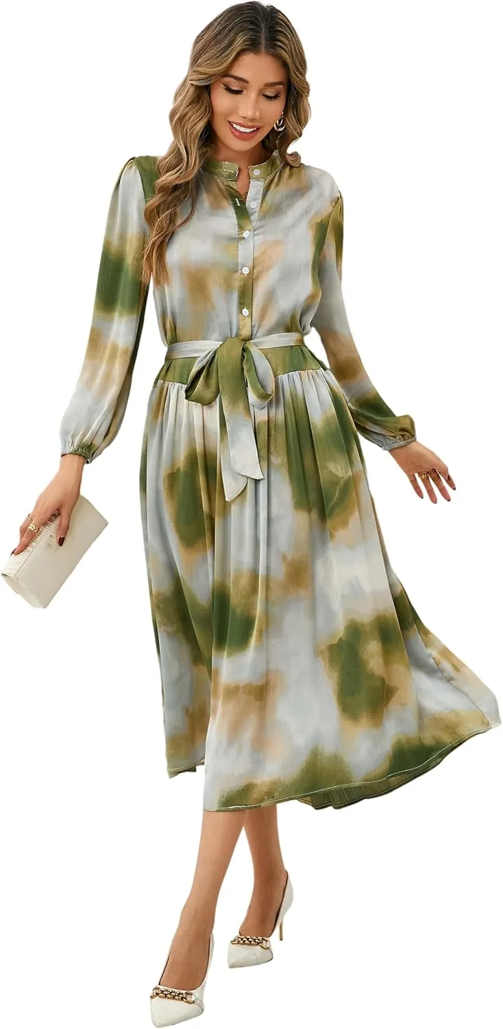 R.Vivimos Womens Long Sleeve Tie Dye Henley V Neck Button Up Loose Flowy Midi Dress with Belt