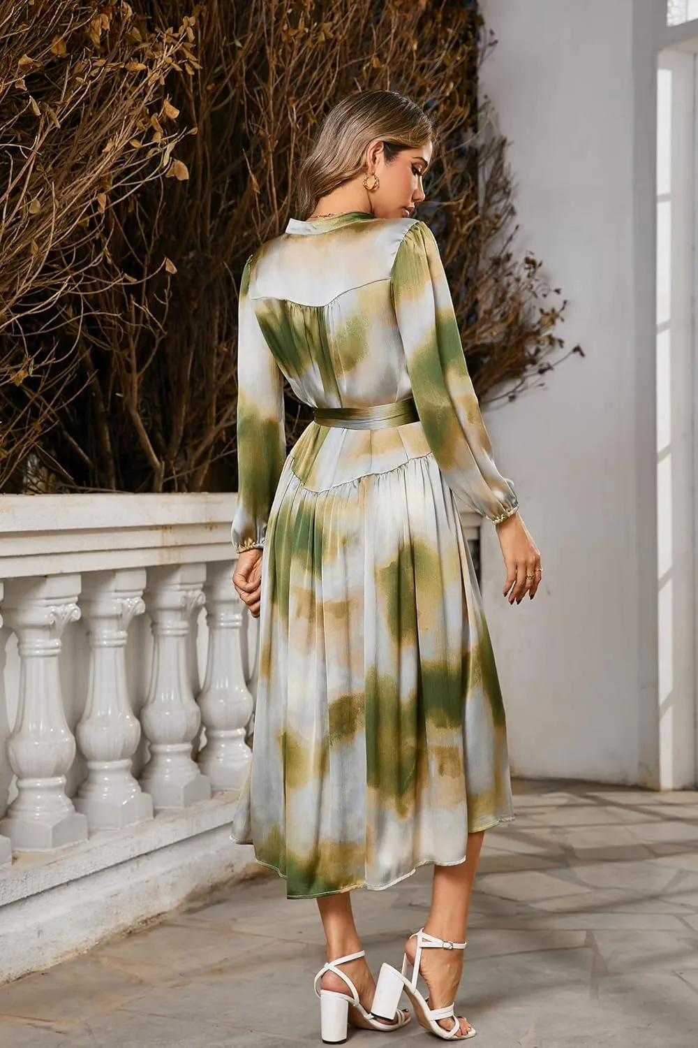 R.Vivimos Womens Long Sleeve Tie Dye Henley V Neck Button Up Loose Flowy Midi Dress with Belt