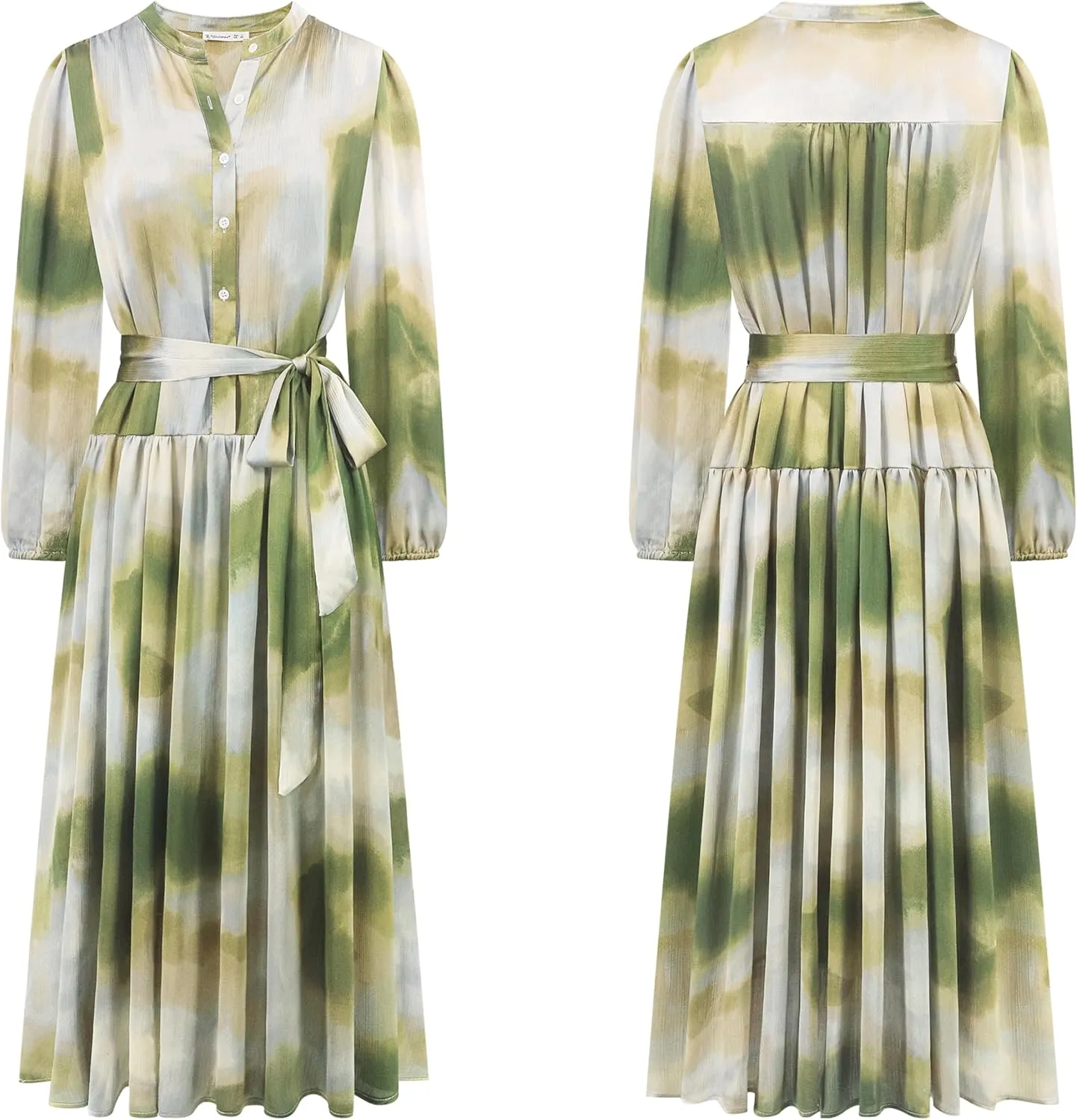 R.Vivimos Womens Long Sleeve Tie Dye Henley V Neck Button Up Loose Flowy Midi Dress with Belt