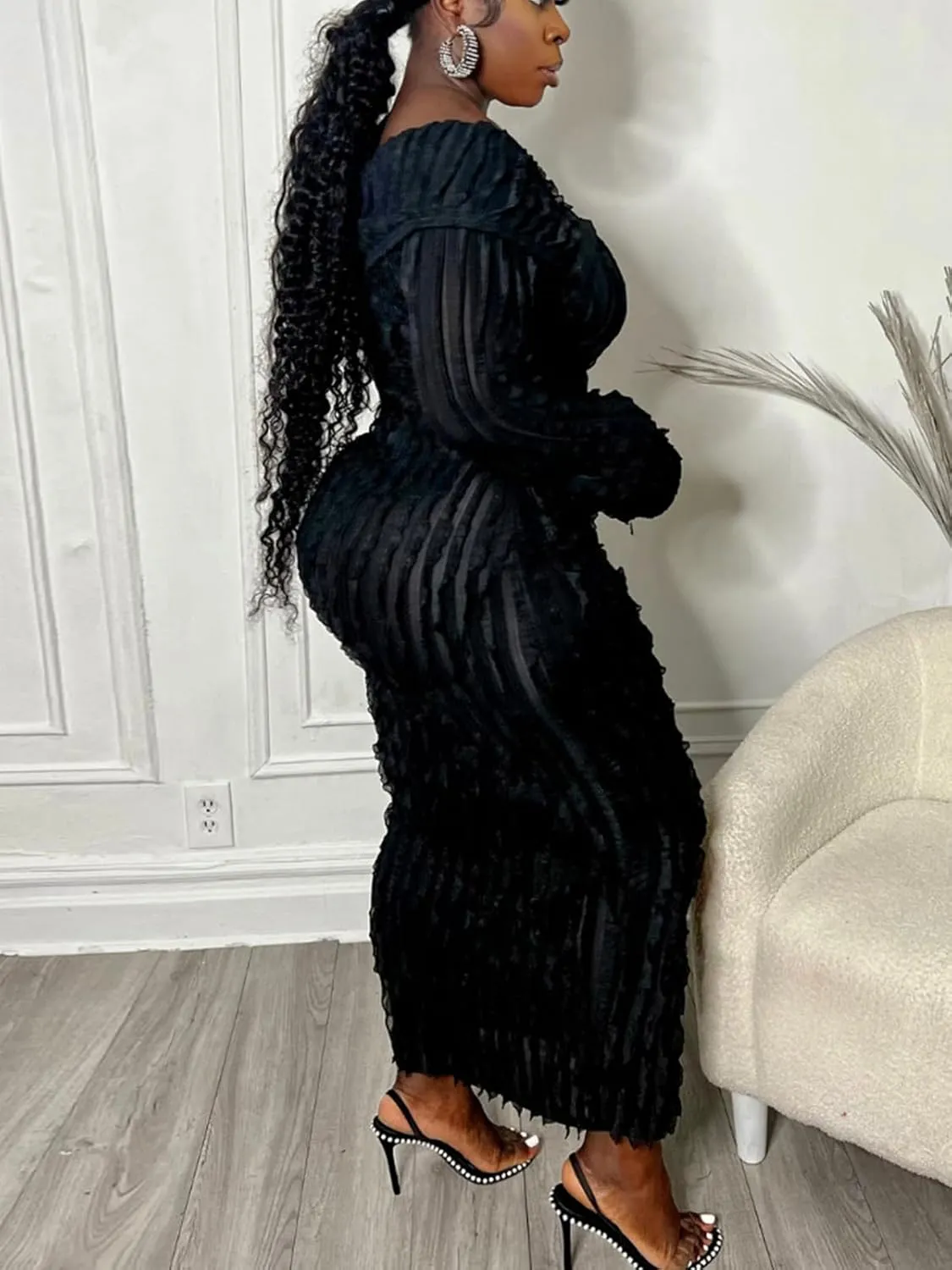 Sexy Button Down Dresses for Women Date Night Off Shoulder See Through Mesh Ruffle Bodycon Maxi Dress