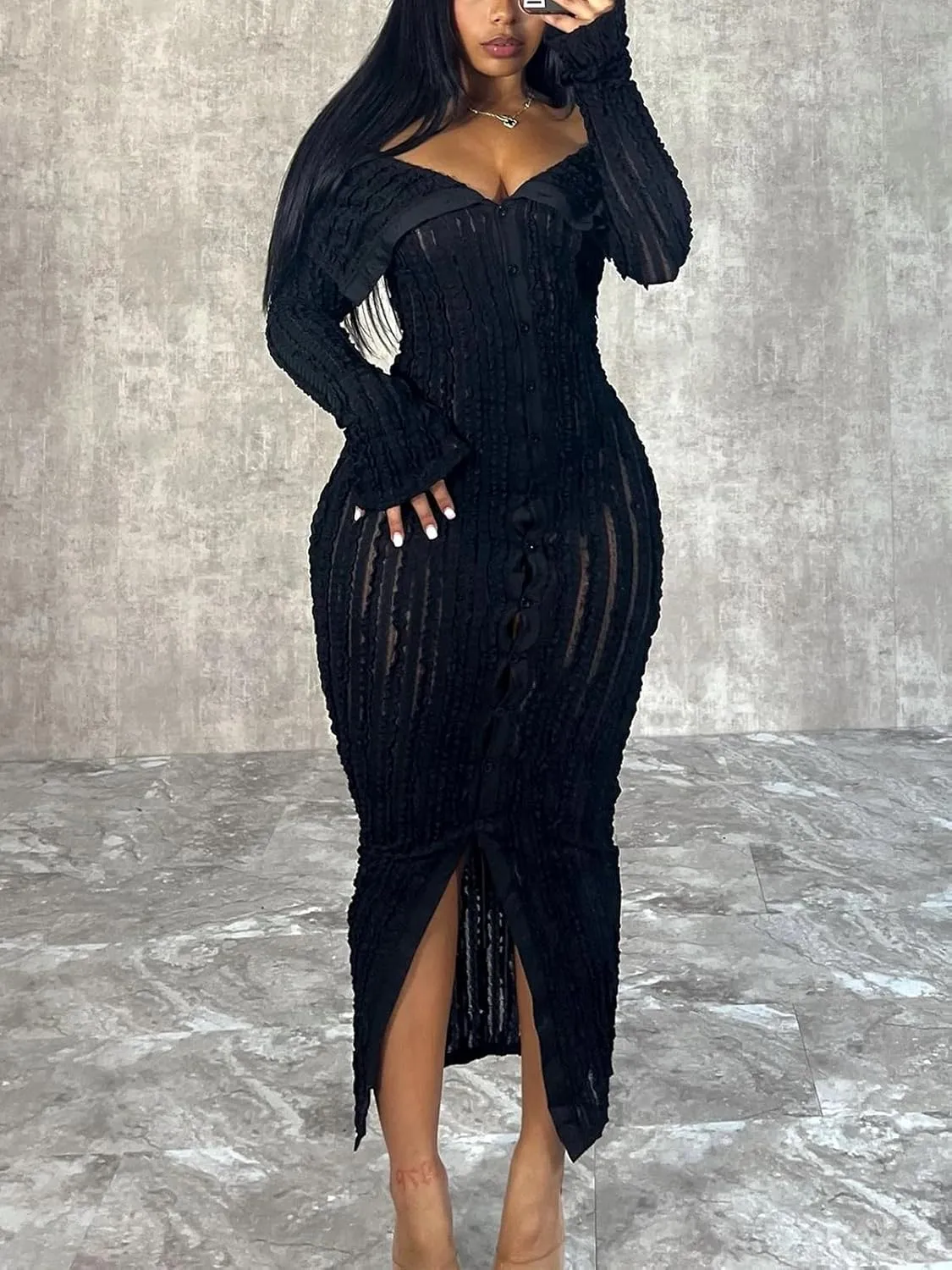 Sexy Button Down Dresses for Women Date Night Off Shoulder See Through Mesh Ruffle Bodycon Maxi Dress