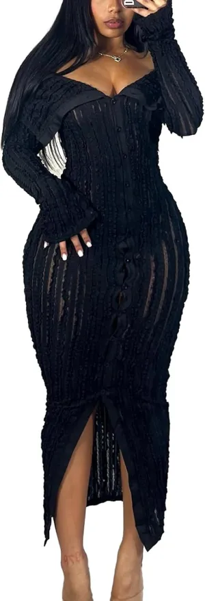 Sexy Button Down Dresses for Women Date Night Off Shoulder See Through Mesh Ruffle Bodycon Maxi Dress