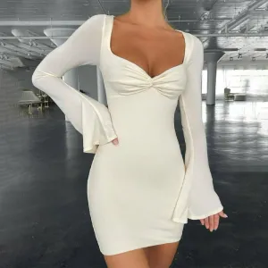 Solid color square neck flared sleeve slim sexy hip dress