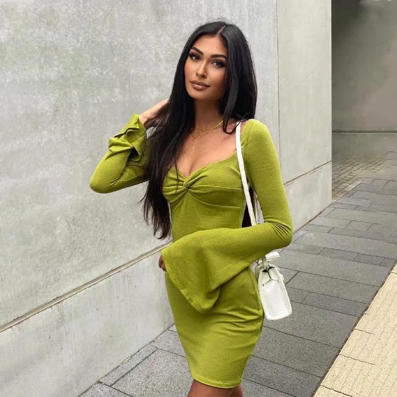Solid color square neck flared sleeve slim sexy hip dress