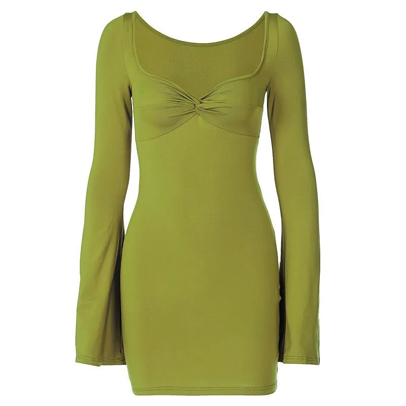 Solid color square neck flared sleeve slim sexy hip dress