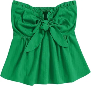 SOLY HUX Women's Frill Trim Tie Front Tube Top Sleeveless Strapless Ruffle Summer Tops