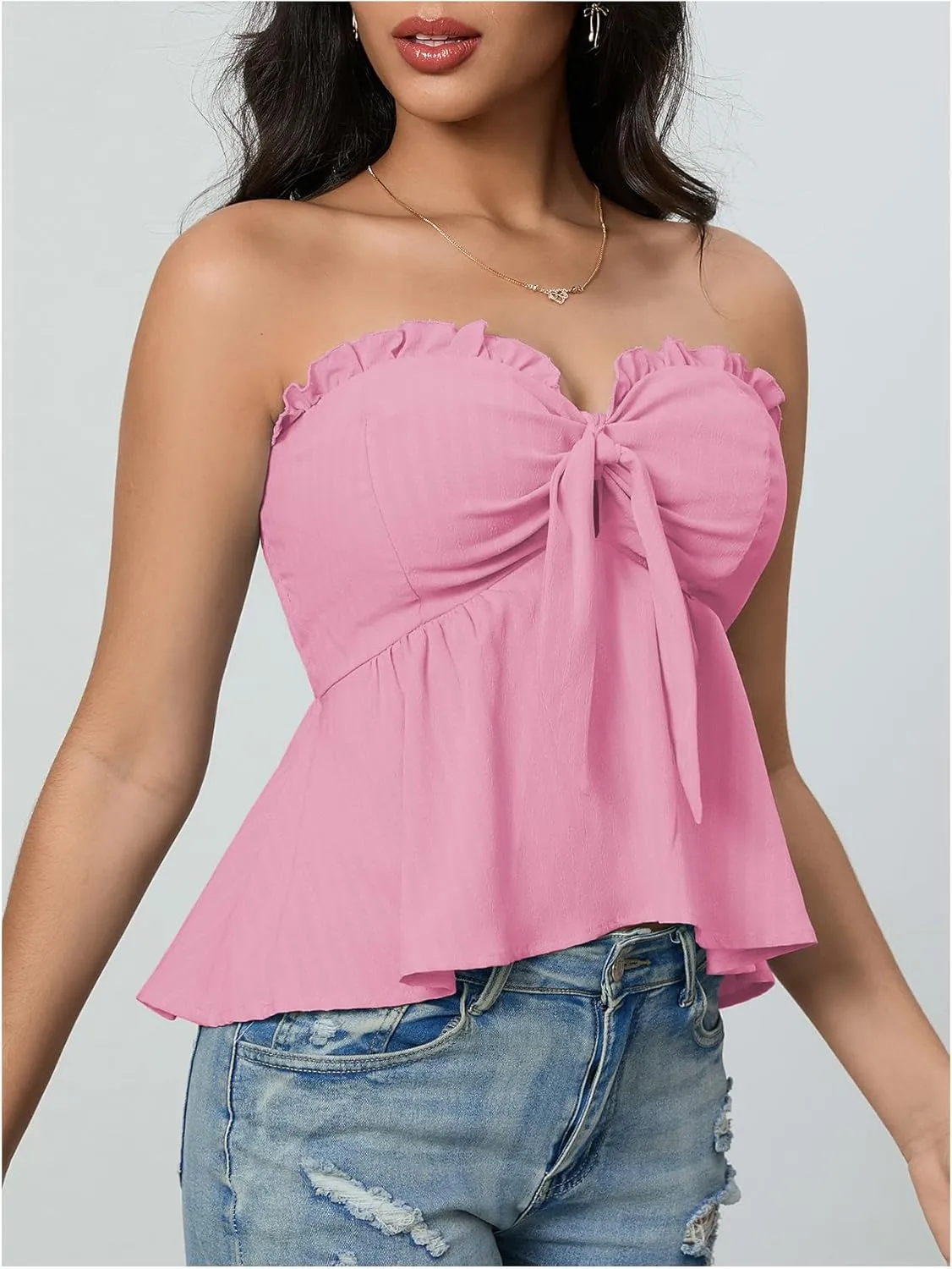 SOLY HUX Women's Frill Trim Tie Front Tube Top Sleeveless Strapless Ruffle Summer Tops