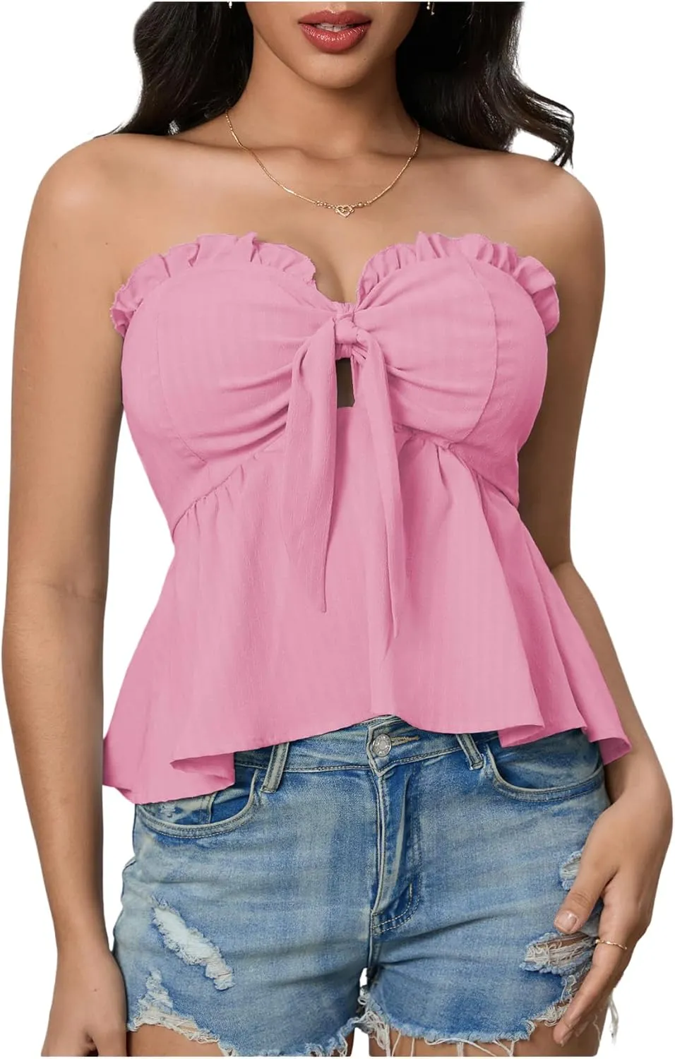 SOLY HUX Women's Frill Trim Tie Front Tube Top Sleeveless Strapless Ruffle Summer Tops