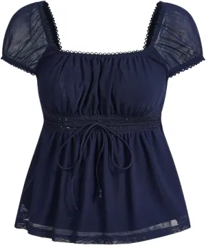 SOLY HUX Women's Square Neck Short Sleeve Peplum Tops Tie Front Summer Tee Shirt Streetwear
