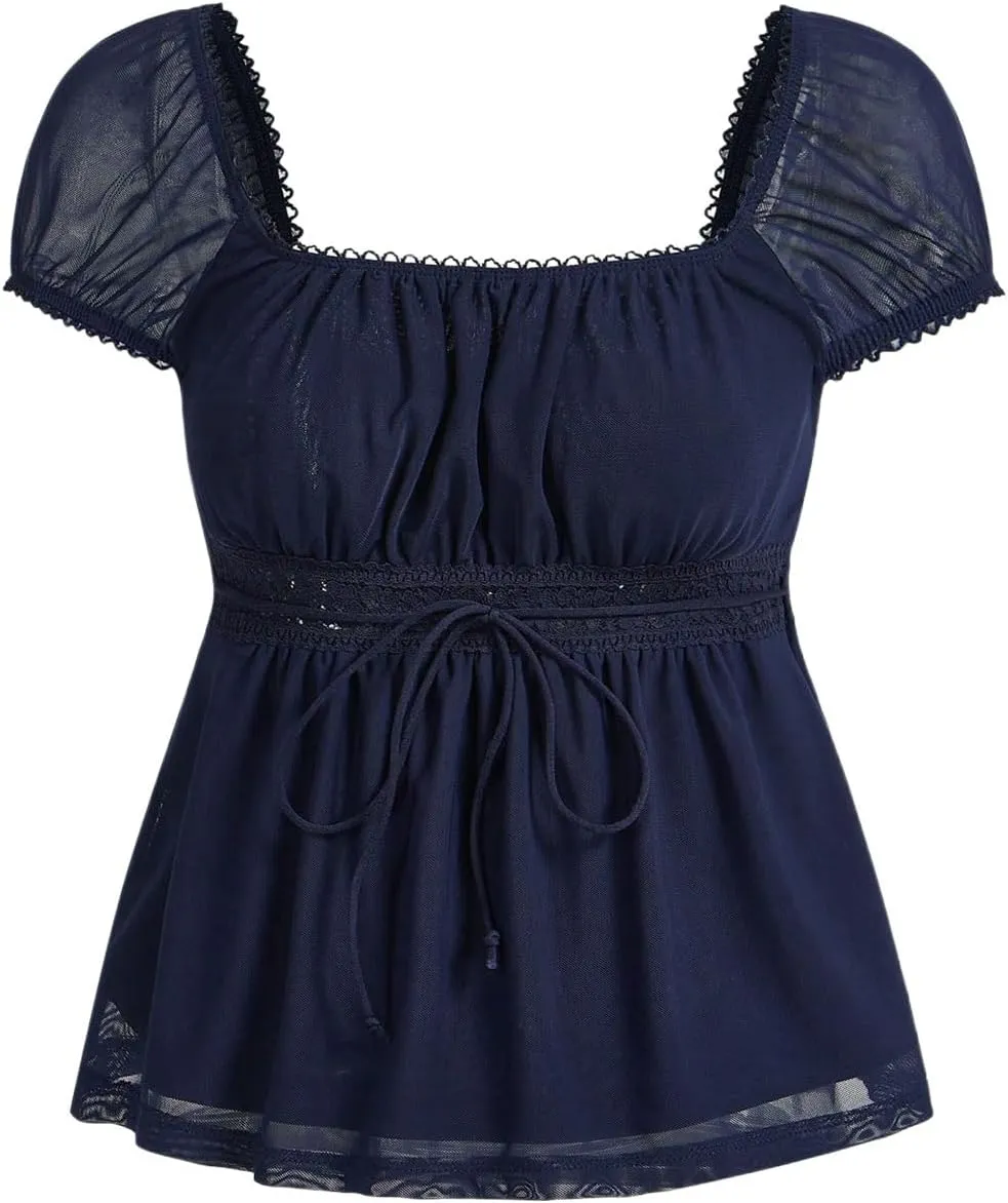 SOLY HUX Women's Square Neck Short Sleeve Peplum Tops Tie Front Summer Tee Shirt Streetwear