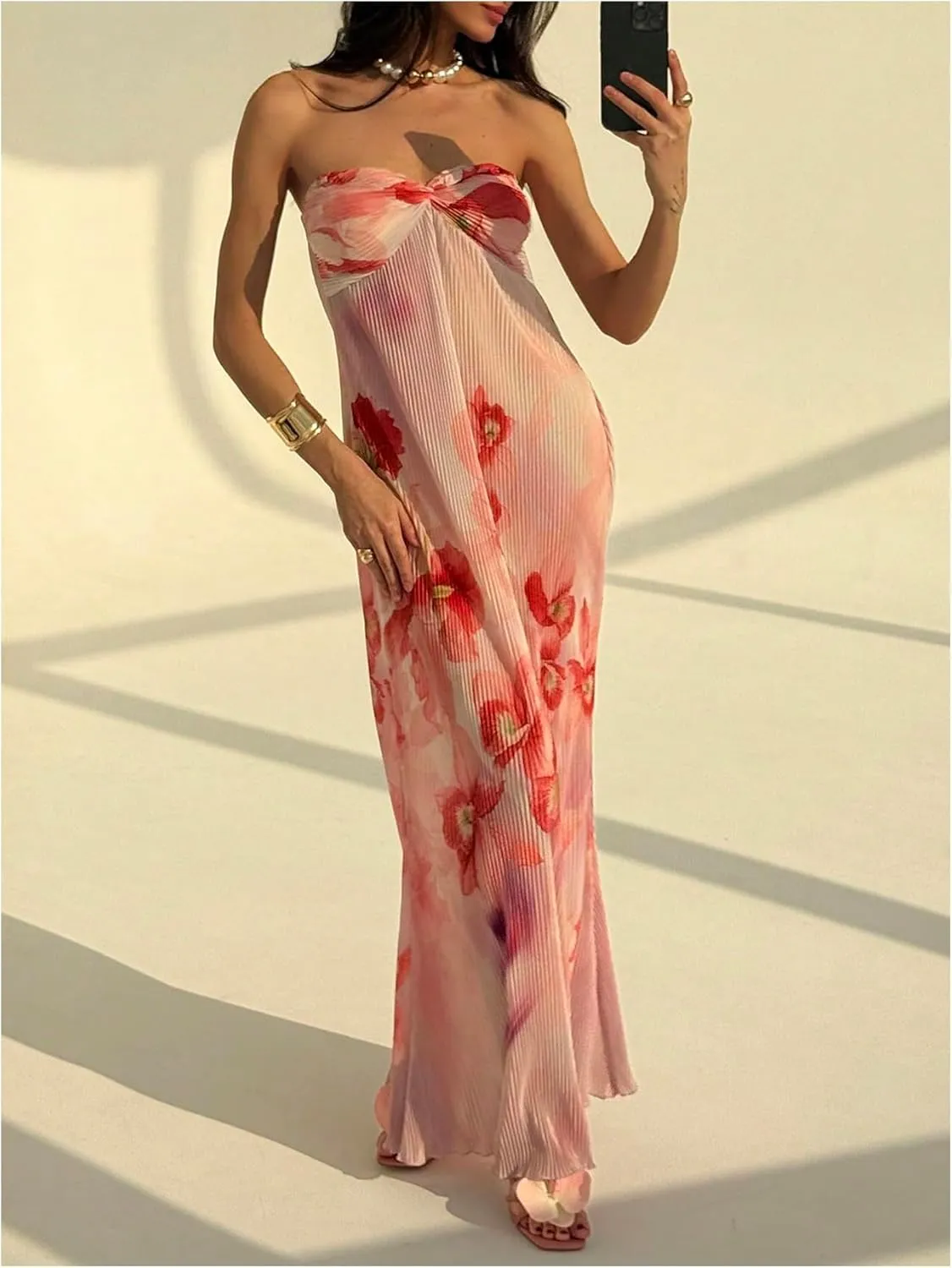 SOLY HUX Women's Summer Floral Tube Dress Twist Front Strapless Vacation Beach Dresses Maxi Dress