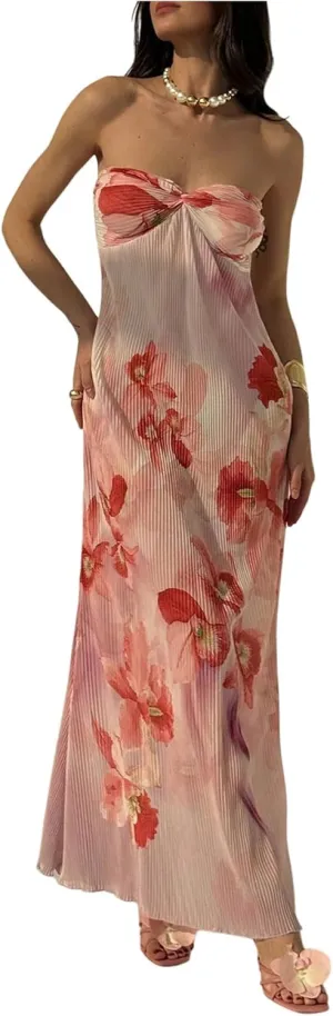 SOLY HUX Women's Summer Floral Tube Dress Twist Front Strapless Vacation Beach Dresses Maxi Dress