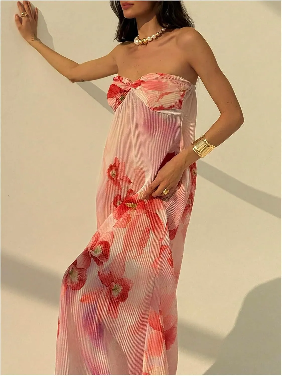 SOLY HUX Women's Summer Floral Tube Dress Twist Front Strapless Vacation Beach Dresses Maxi Dress