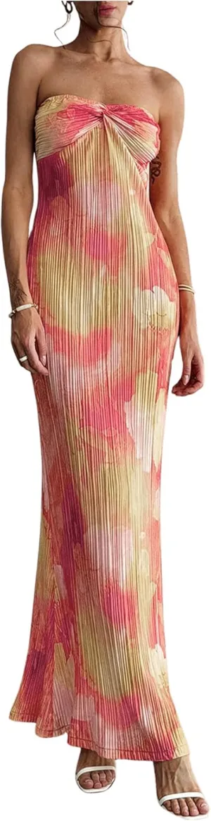 SOLY HUX Women's Summer Floral Tube Dress Twist Front Strapless Vacation Beach Dresses Maxi Dress