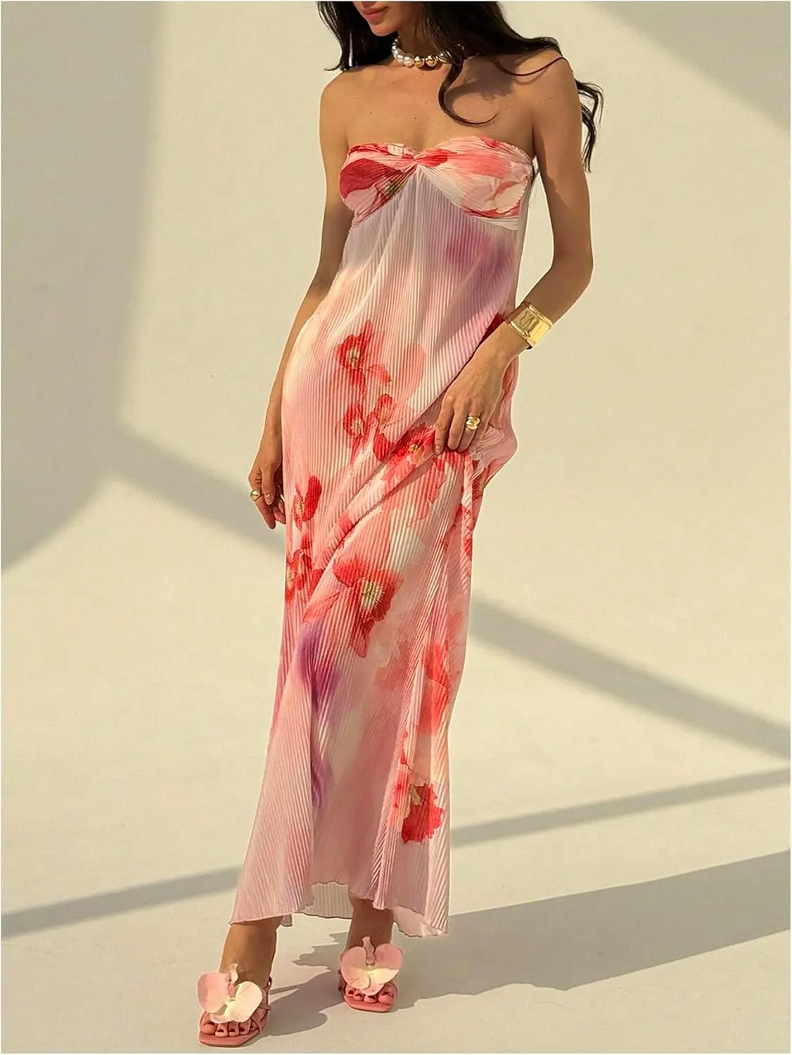 SOLY HUX Women's Summer Floral Tube Dress Twist Front Strapless Vacation Beach Dresses Maxi Dress