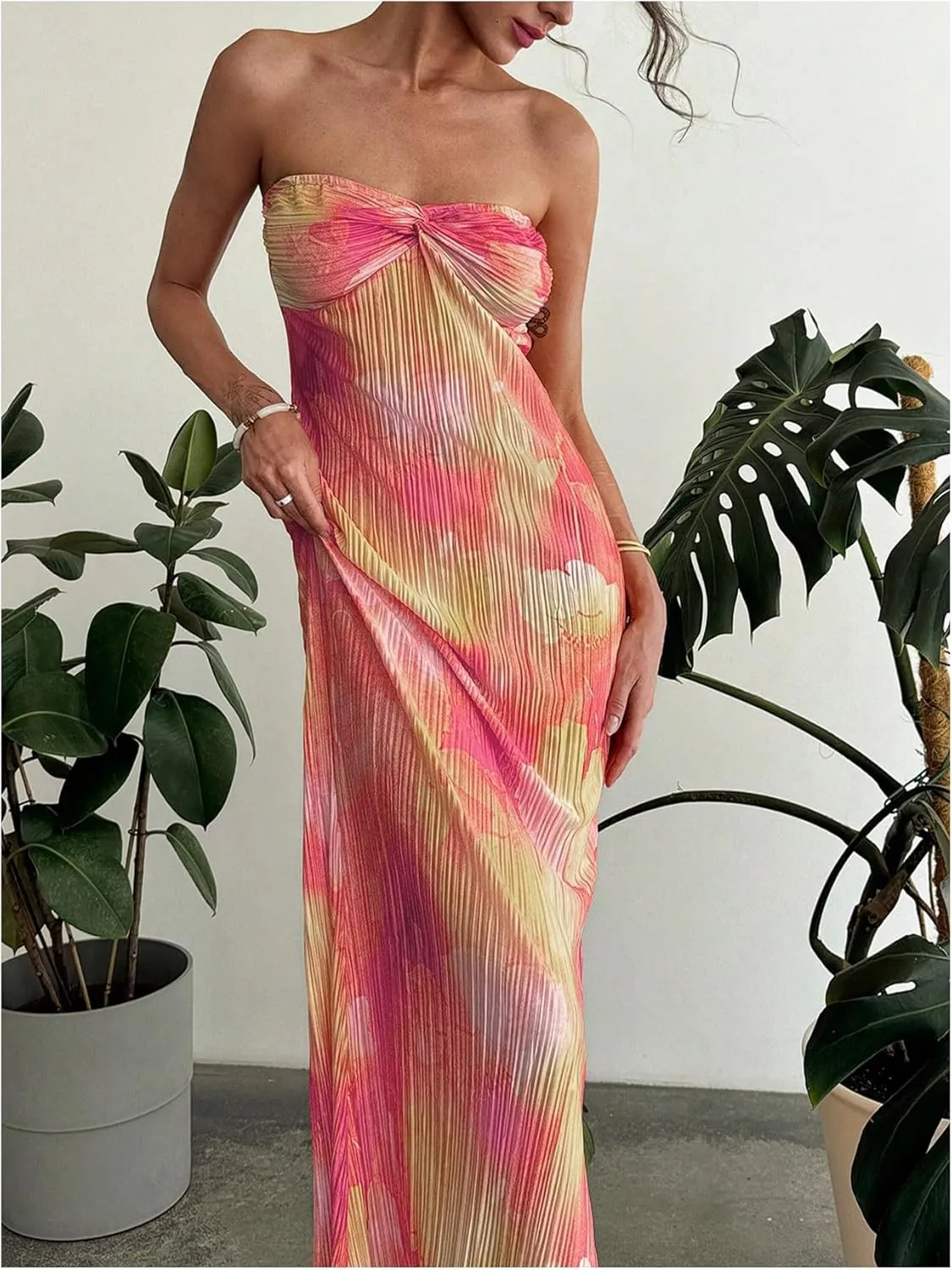 SOLY HUX Women's Summer Floral Tube Dress Twist Front Strapless Vacation Beach Dresses Maxi Dress