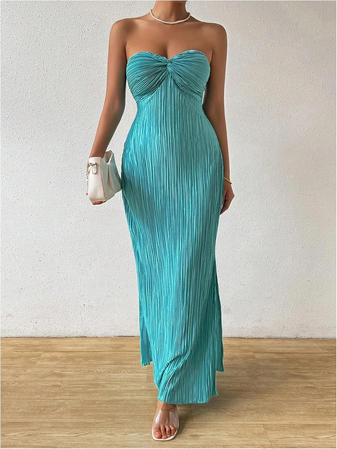 SOLY HUX Women's Twist Front Strapless Tube Dress Tie Backless High Split Vacation Maxi Dresses