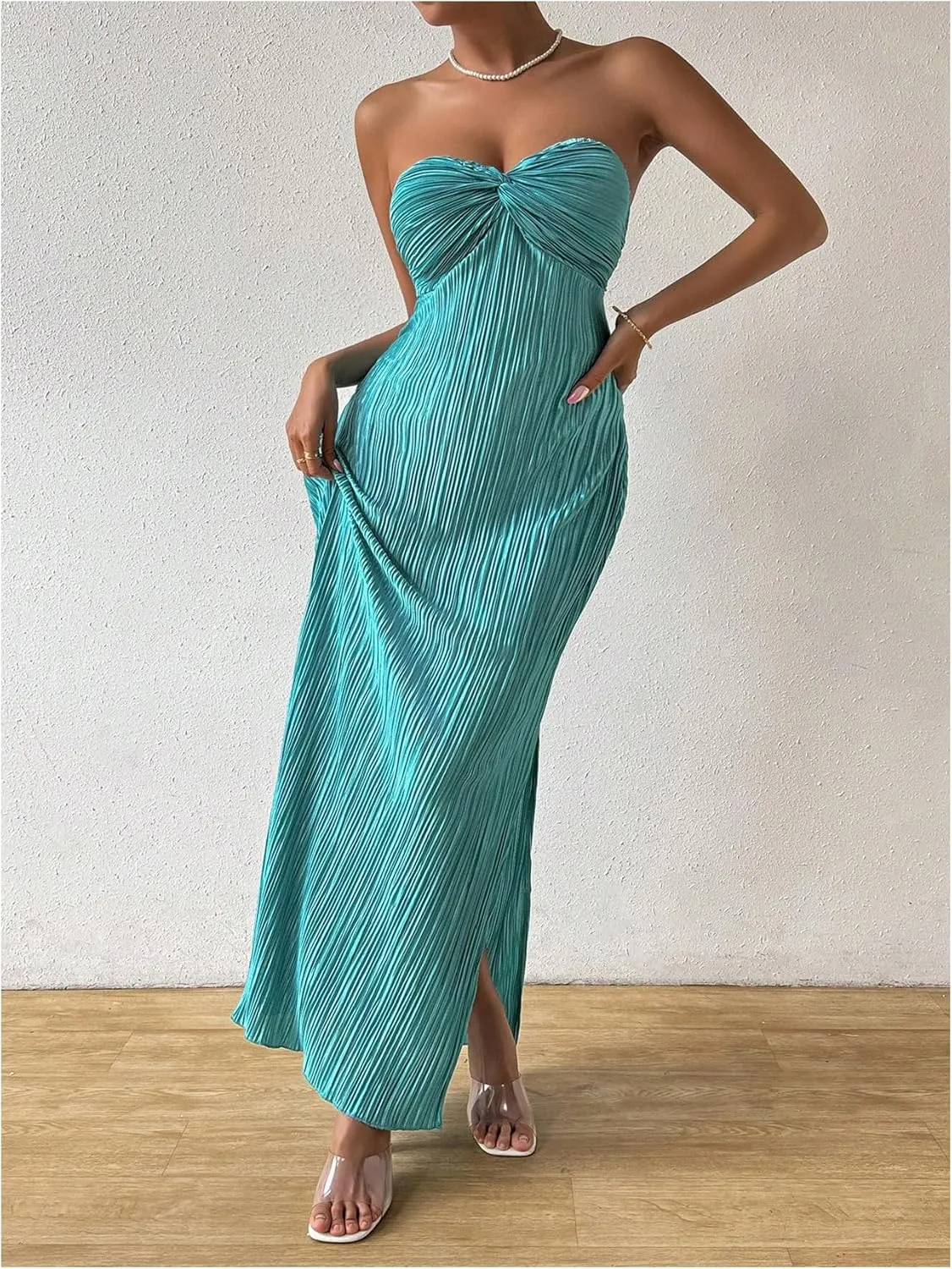 SOLY HUX Women's Twist Front Strapless Tube Dress Tie Backless High Split Vacation Maxi Dresses
