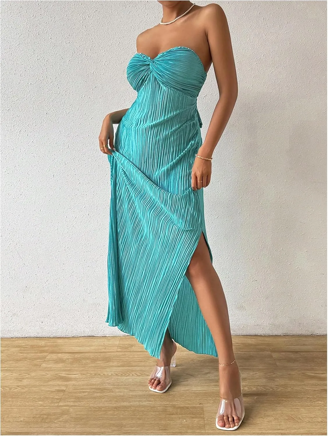 SOLY HUX Women's Twist Front Strapless Tube Dress Tie Backless High Split Vacation Maxi Dresses