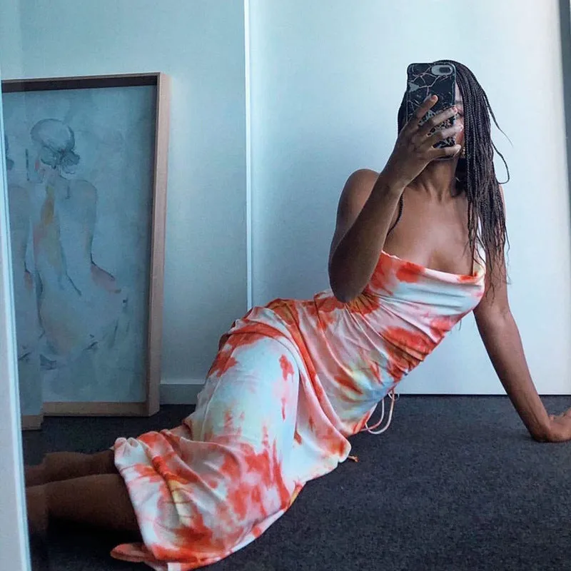 Summer sexy tie-dye milk midi dress