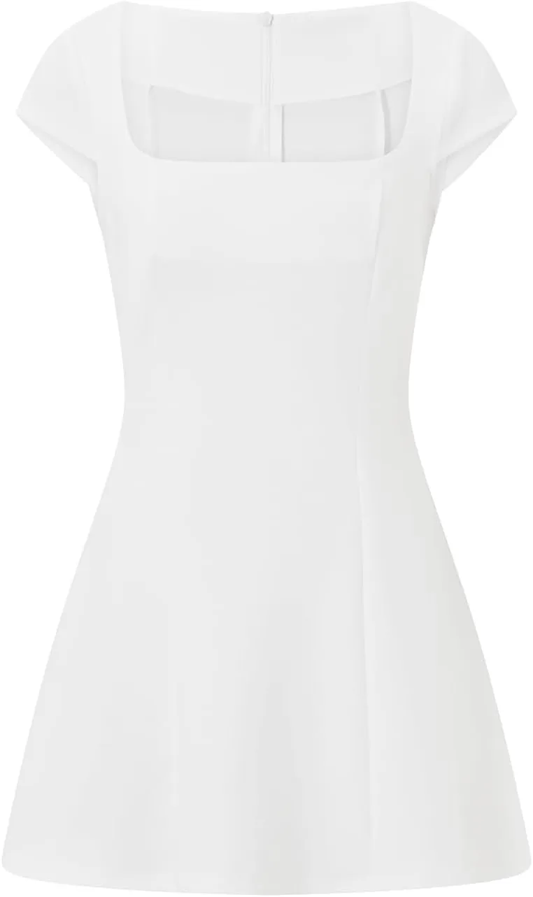 Summer Square Neck Mini Dresses for Women Solid Color Cap Sleeve A Line Dress Elegant Party Club Short Bodycon Dress