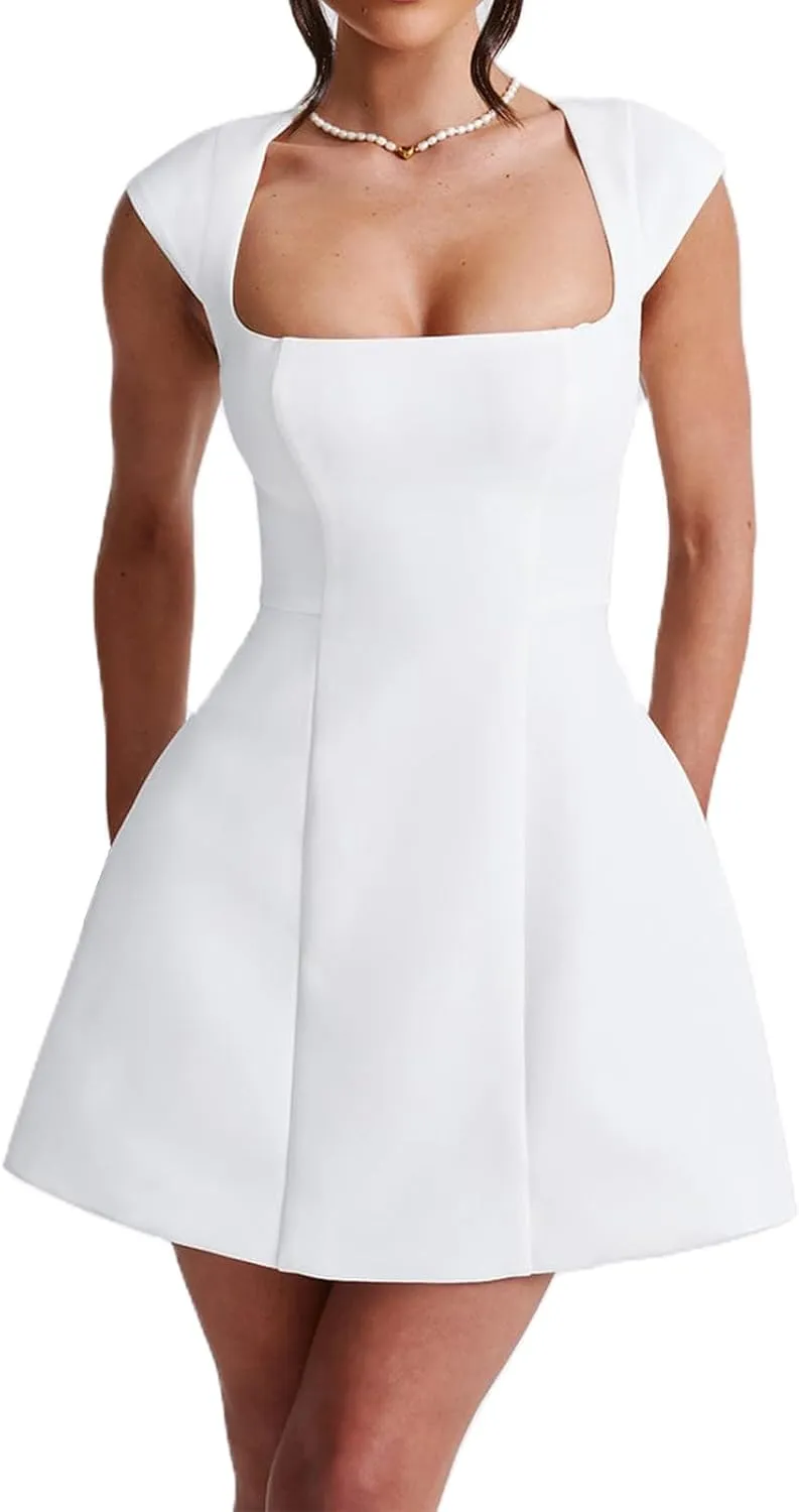 Summer Square Neck Mini Dresses for Women Solid Color Cap Sleeve A Line Dress Elegant Party Club Short Bodycon Dress