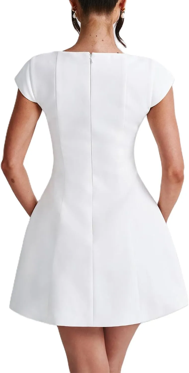 Summer Square Neck Mini Dresses for Women Solid Color Cap Sleeve A Line Dress Elegant Party Club Short Bodycon Dress