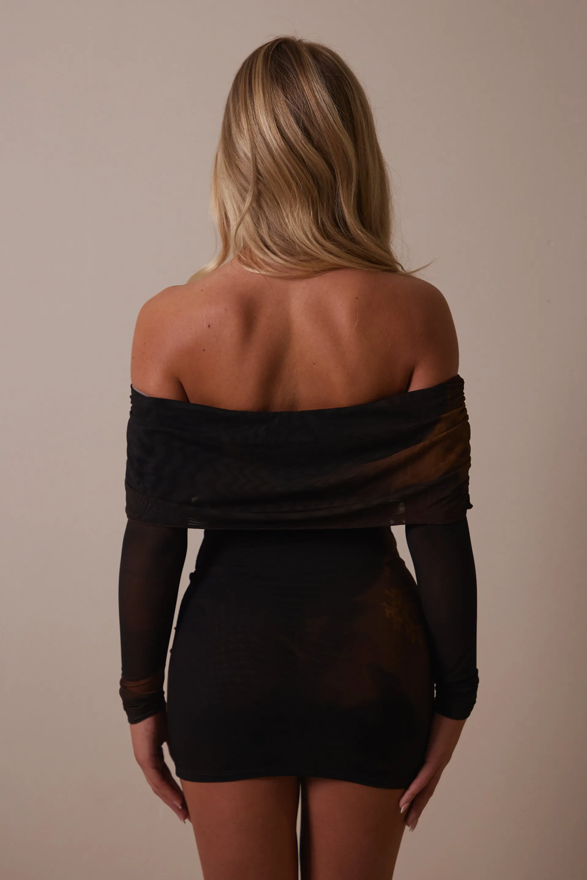 The off shoulder mesh mini- Abstract brown print