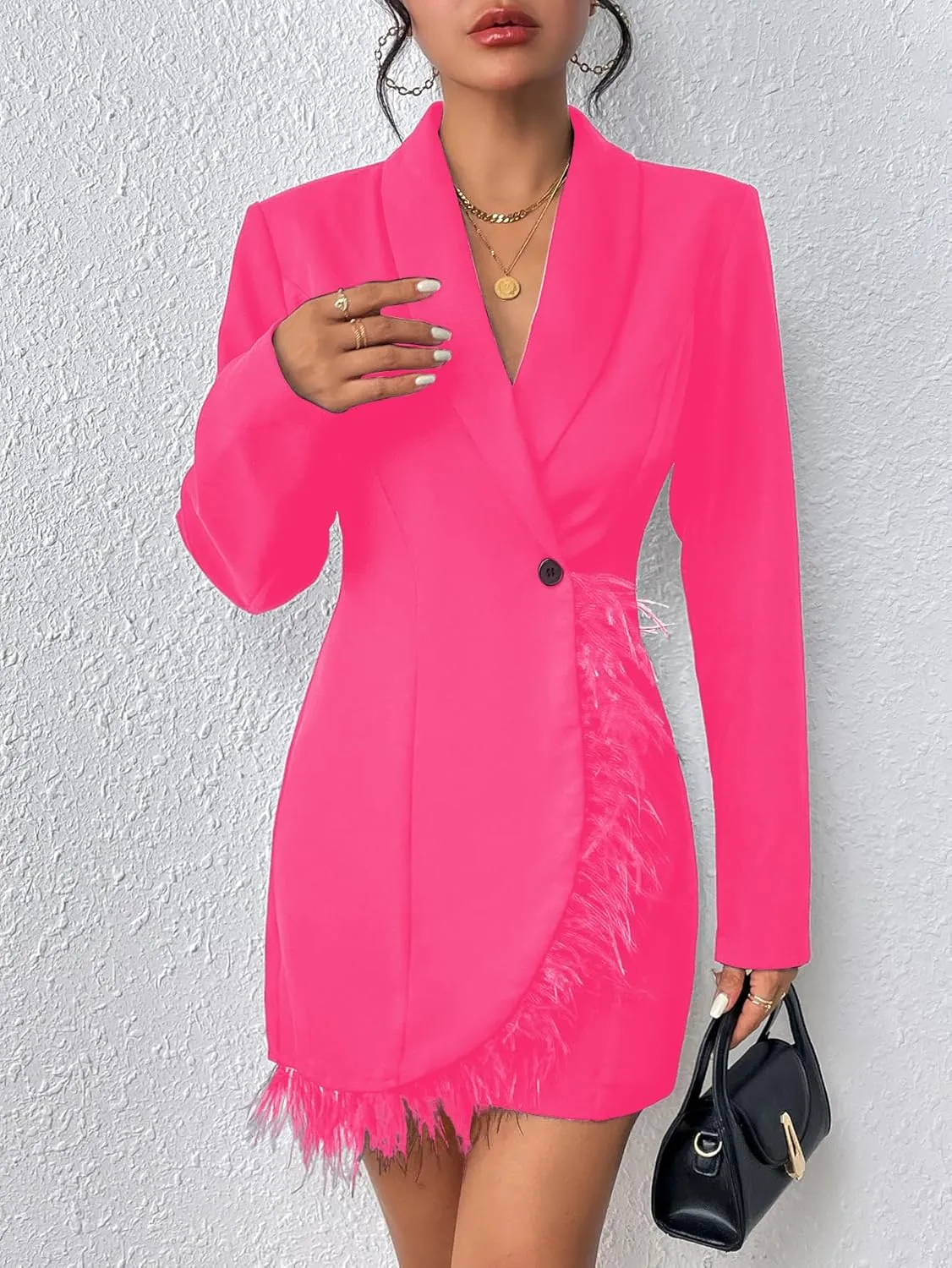 WDIRARA Women's Fuzzy Trim Wrap Button Front Long Sleeve Shawl Collar Blazer Dress