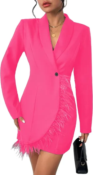 WDIRARA Women's Fuzzy Trim Wrap Button Front Long Sleeve Shawl Collar Blazer Dress