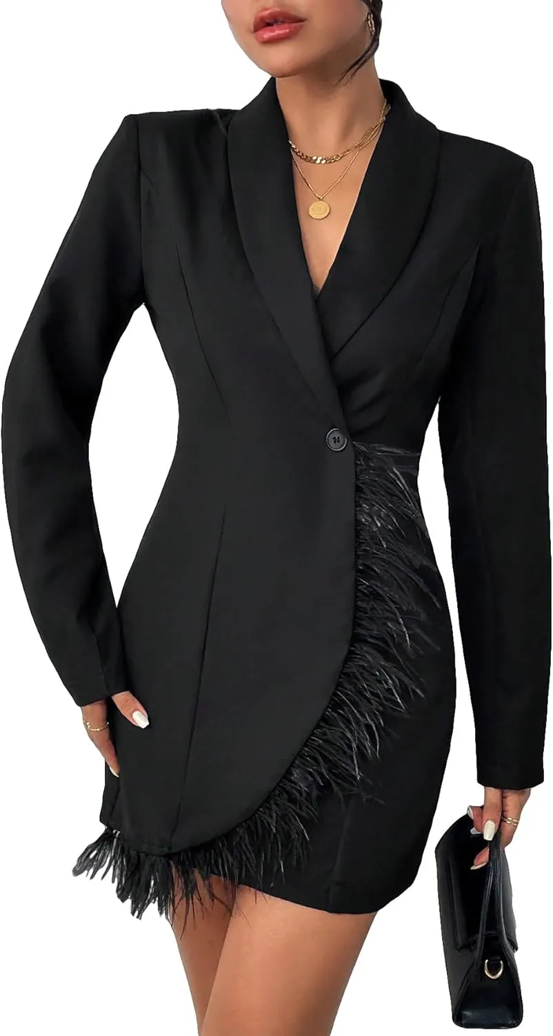 WDIRARA Women's Fuzzy Trim Wrap Button Front Long Sleeve Shawl Collar Blazer Dress