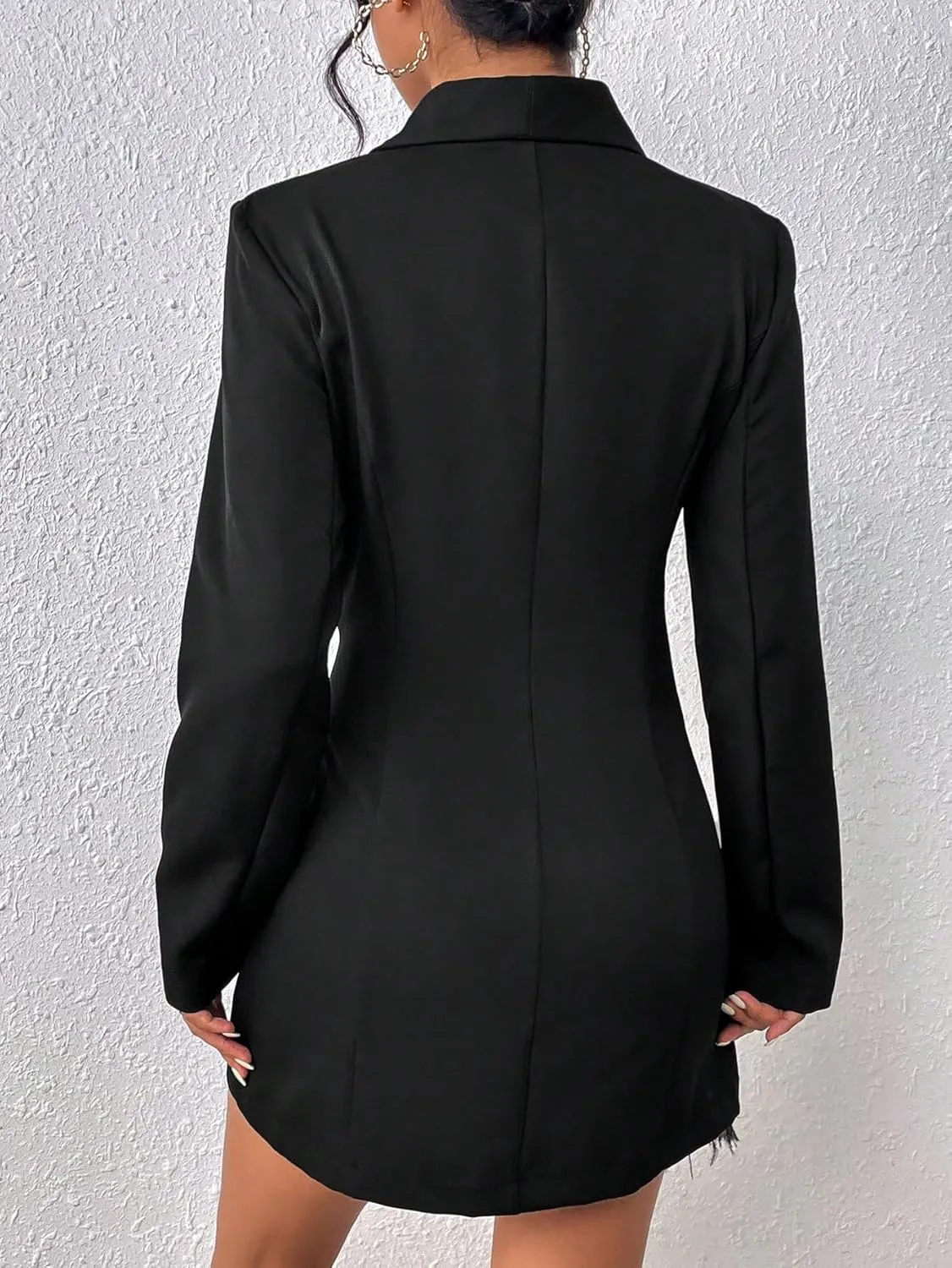 WDIRARA Women's Fuzzy Trim Wrap Button Front Long Sleeve Shawl Collar Blazer Dress