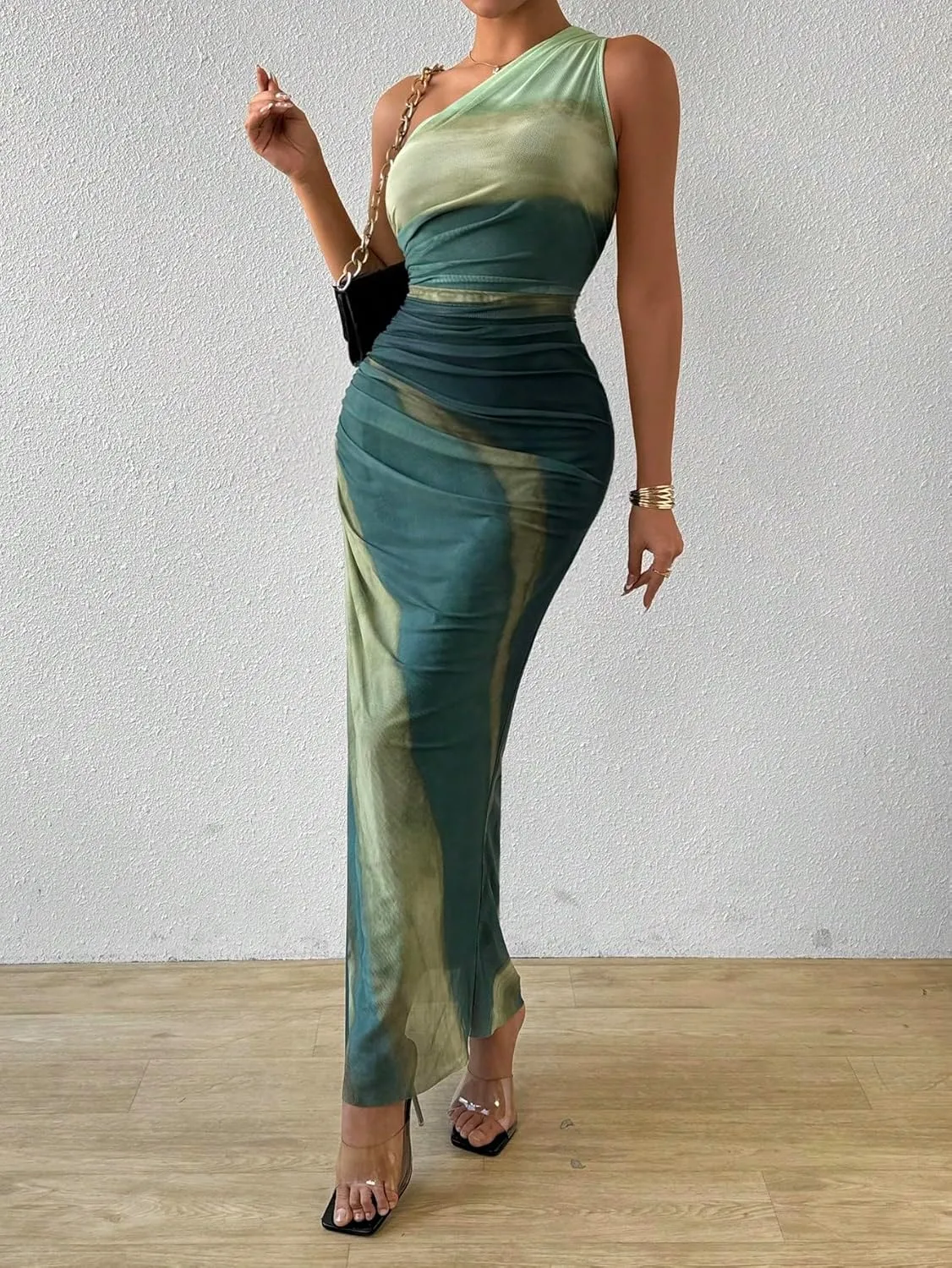 WDIRARA Women's One Shoulder Mesh Ruched Maxi Dress Tie Dye High Slit Bodycon Dresses
