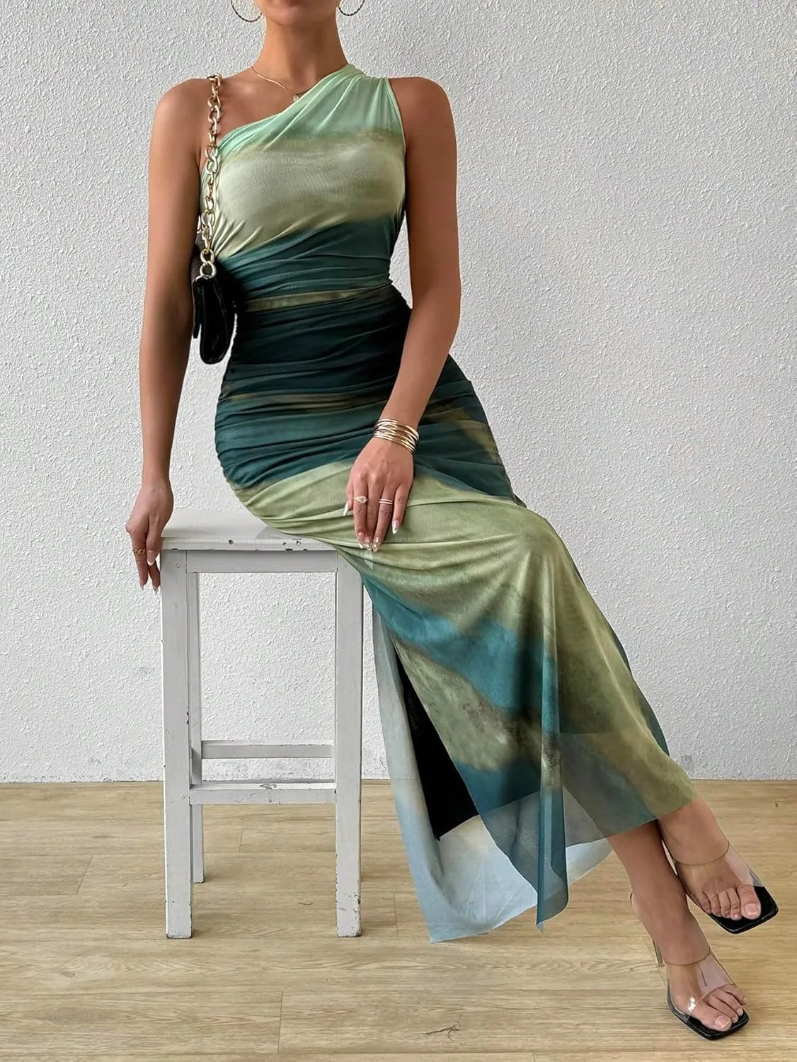 WDIRARA Women's One Shoulder Mesh Ruched Maxi Dress Tie Dye High Slit Bodycon Dresses