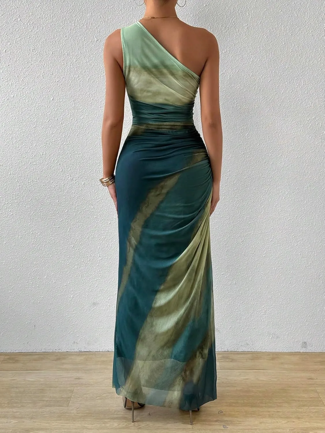 WDIRARA Women's One Shoulder Mesh Ruched Maxi Dress Tie Dye High Slit Bodycon Dresses
