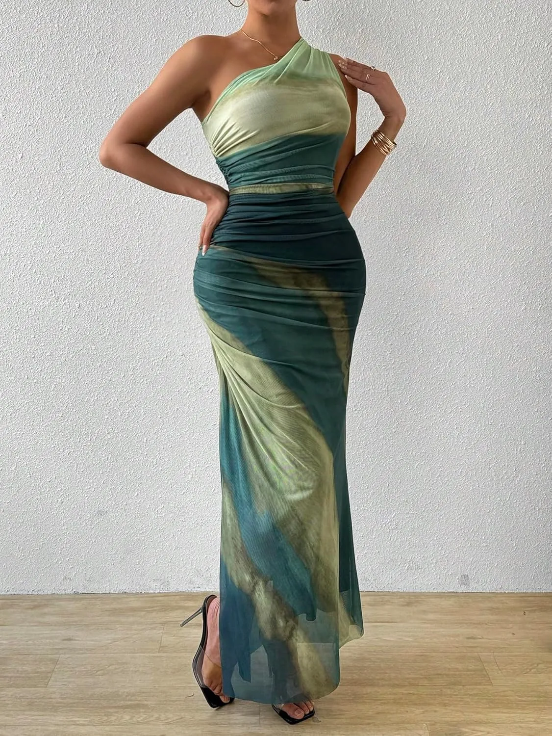 WDIRARA Women's One Shoulder Mesh Ruched Maxi Dress Tie Dye High Slit Bodycon Dresses