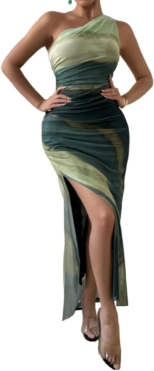 WDIRARA Women's One Shoulder Mesh Ruched Maxi Dress Tie Dye High Slit Bodycon Dresses