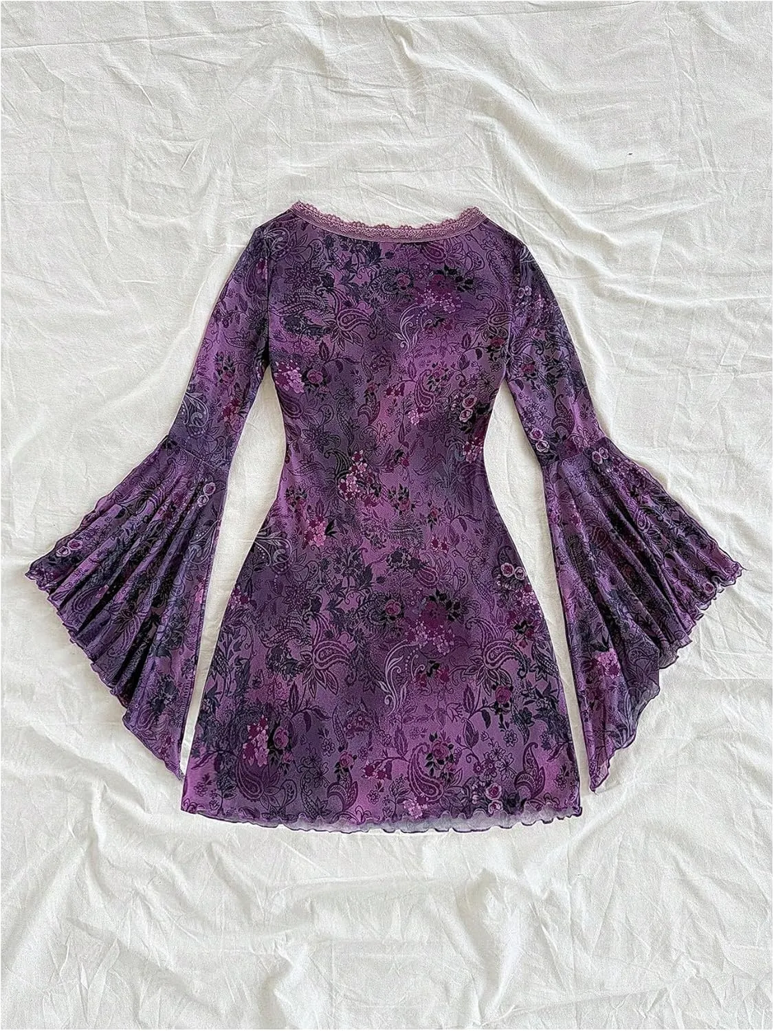 WDIRARA Women's Vintage Floral Print V Neck Dress Mesh Split Ruffle Long Bell Sleeve Dresses