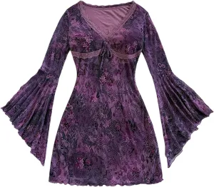 WDIRARA Women's Vintage Floral Print V Neck Dress Mesh Split Ruffle Long Bell Sleeve Dresses