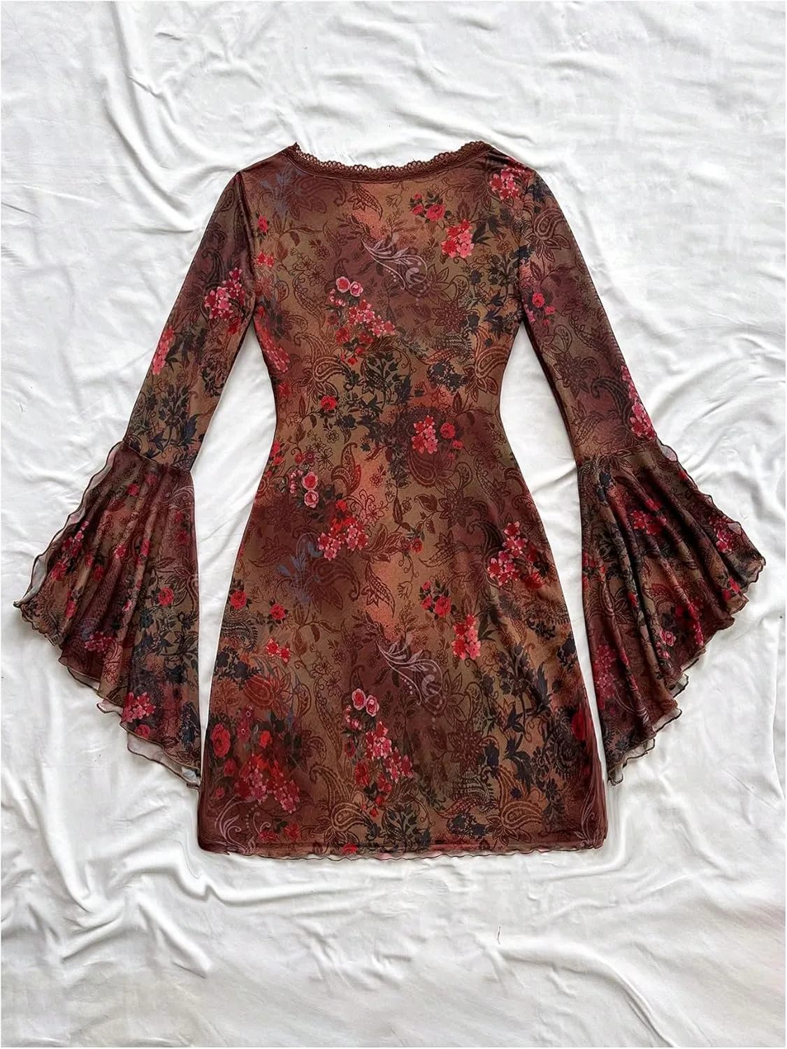 WDIRARA Women's Vintage Floral Print V Neck Dress Mesh Split Ruffle Long Bell Sleeve Dresses