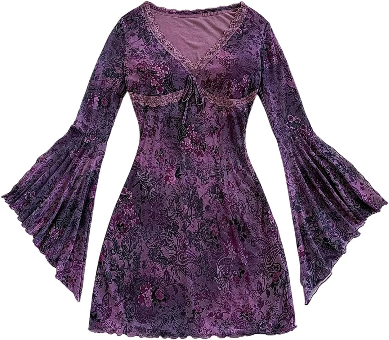 WDIRARA Women's Vintage Floral Print V Neck Dress Mesh Split Ruffle Long Bell Sleeve Dresses