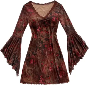 WDIRARA Women's Vintage Floral Print V Neck Dress Mesh Split Ruffle Long Bell Sleeve Dresses